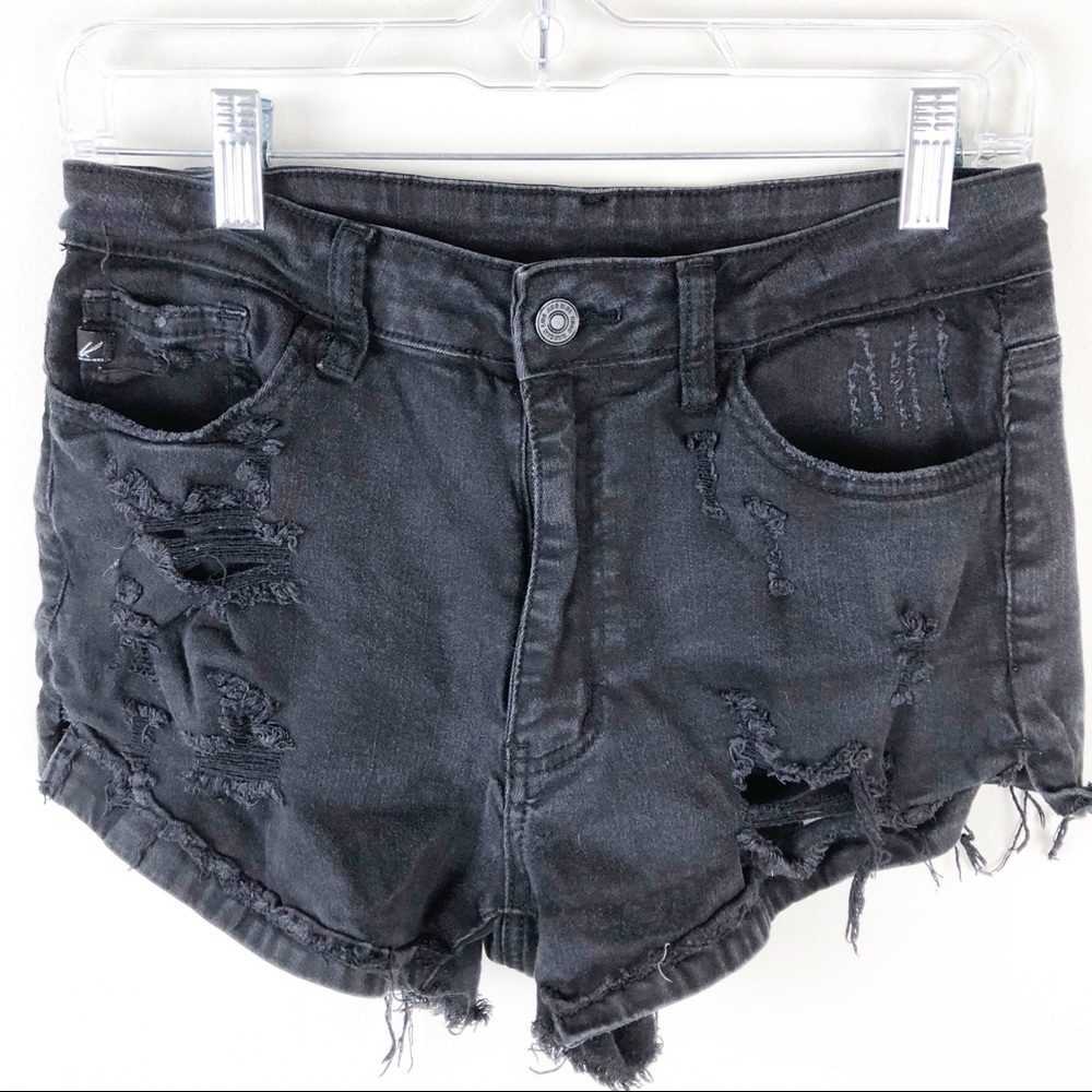 KanCan- Distressed Raw hem cut-off worn black jean shorts size: 28